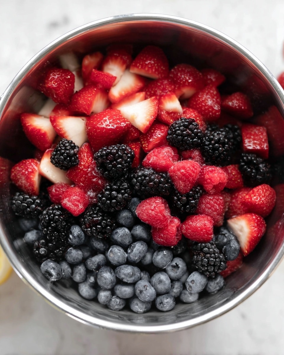 A shiny silver metal bowl is filled with three layers of fresh berries. The bottom layer is dark blue blueberries with a smooth, round texture. The middle layer is blackberries, almost black in color with a slightly bumpy surface. The top layer has bright red raspberries and red strawberries, the strawberries are cut into small pieces showing their juicy inside with seeds on the outside. The bowl sits on a white marbled surface with soft natural lighting. photo taken with an iphone --ar 4:5 --v 7