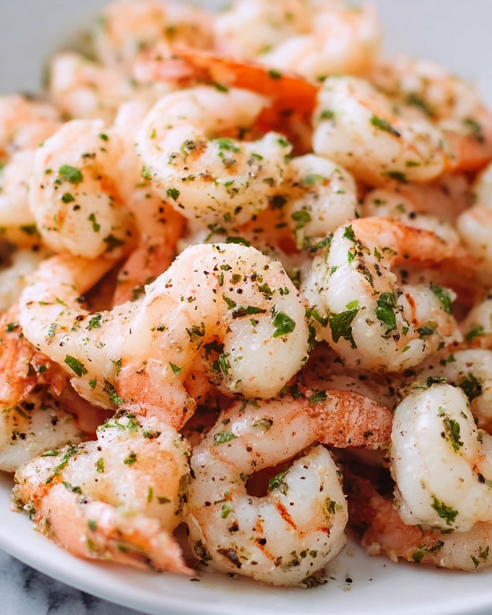 The image shows a close-up of many cooked shrimp piled on a white plate. Each shrimp is pink and white with a firm texture, sprinkled evenly with green herb flakes and black pepper specks. The shrimp are arranged casually, some with tails visible and others nestled closely together. The background and surface under the plate are a clean white marbled texture. Photo taken with an iphone --ar 4:5 --v 7