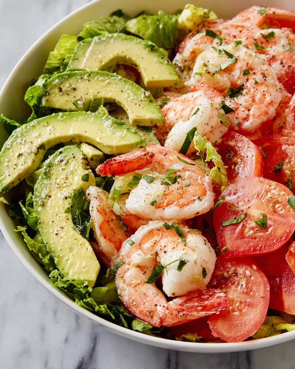 A white bowl filled with a salad that has three main layers: the bottom layer is leafy green lettuce, the middle layer shows bright red tomato wedges, and the top layer has pink and white cooked shrimp placed all around, mixed with thick light green slices of avocado and sprinkled with small chopped green herbs. The shrimp look juicy and slightly curled, while the avocado slices have a smooth texture. The photo shows close-up details, and everything is set on a white marbled surface. photo taken with an iphone --ar 4:5 --v 7