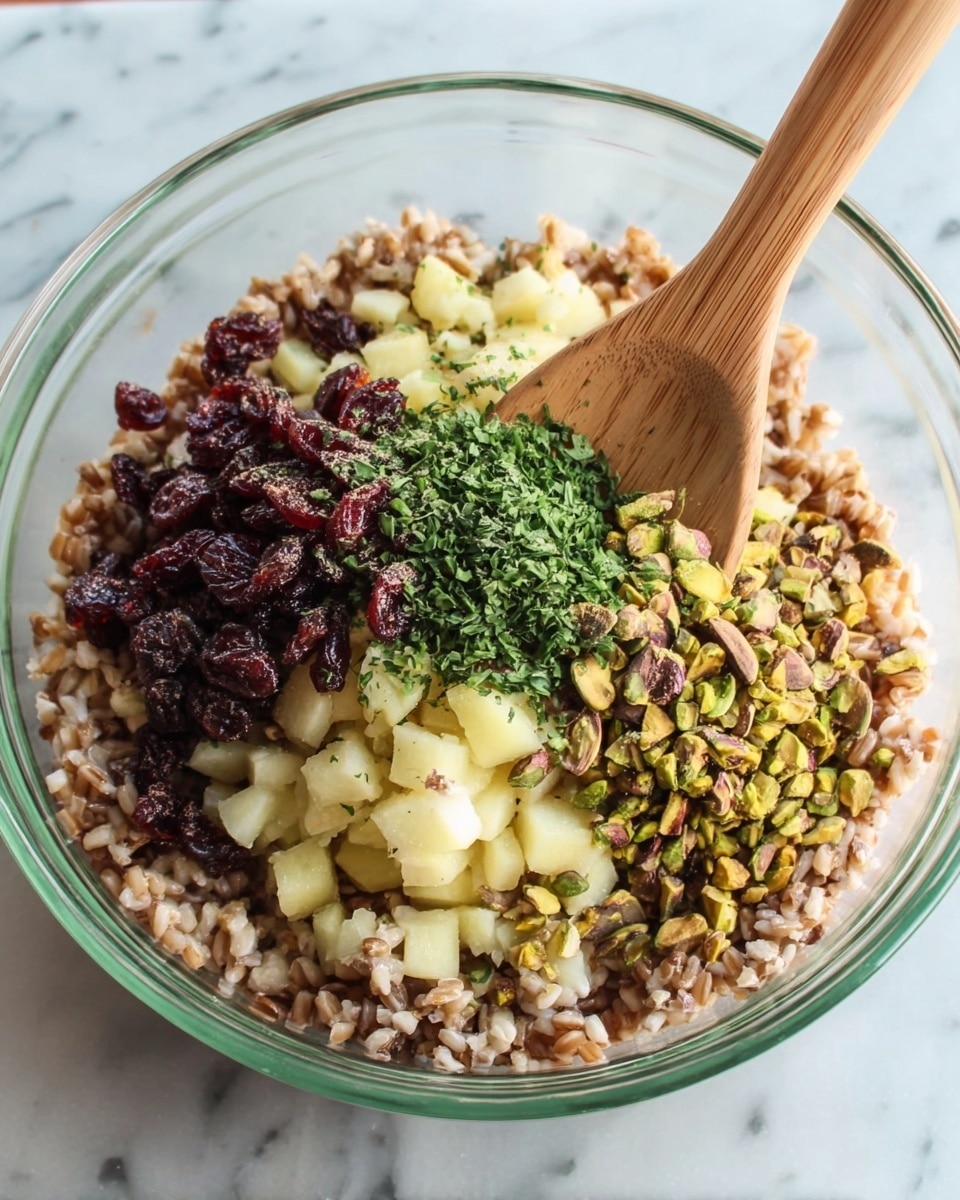 A clear glass bowl sits on a white marbled surface, filled with layers of different ingredients. At the bottom, there is a large base of light brown cooked grains, covering the whole bowl. On top, separate piles include light yellow diced potatoes in one area, dark red dried cranberries mixed with chopped green pistachios in another, and a small pile of fresh green herbs next to them. A wooden spoon stands upright in the bowl, resting among the ingredients, showing the different colors and textures clearly. photo taken with an iphone --ar 4:5 --v 7