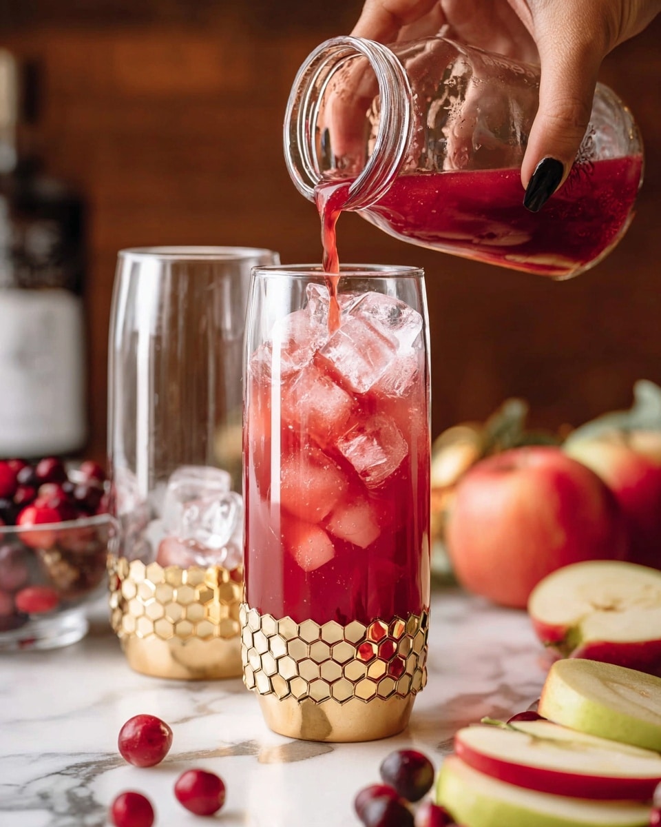 A tall clear glass with a gold honeycomb textured base is filled with red juice and ice cubes being poured from a glass jar held by a woman's hand with dark polished nails. Next to it is a similar empty glass also with a gold base and ice cubes inside. Surrounding the glasses are fresh cranberries and halved red and green apples placed on a white marbled surface, with a blurred background of wooden tones and a bottle. Photo taken with an iphone --ar 4:5 --v 7
