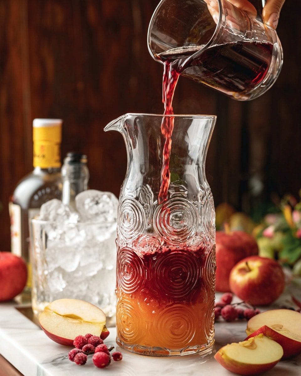 A clear glass pitcher with decorative circular patterns is being filled with a dark red liquid from a smaller glass held by a woman's hand at the top right. Inside the pitcher, a layer of orange liquid sits at the bottom. Around the pitcher on a white marbled surface are a few red berries and halved green and red apples. Behind the pitcher, there is a clear glass with ice cubes and some bottles, one with a yellow cap, all slightly blurred with a dark wooden backdrop. The photo taken with an iphone --ar 4:5 --v 7