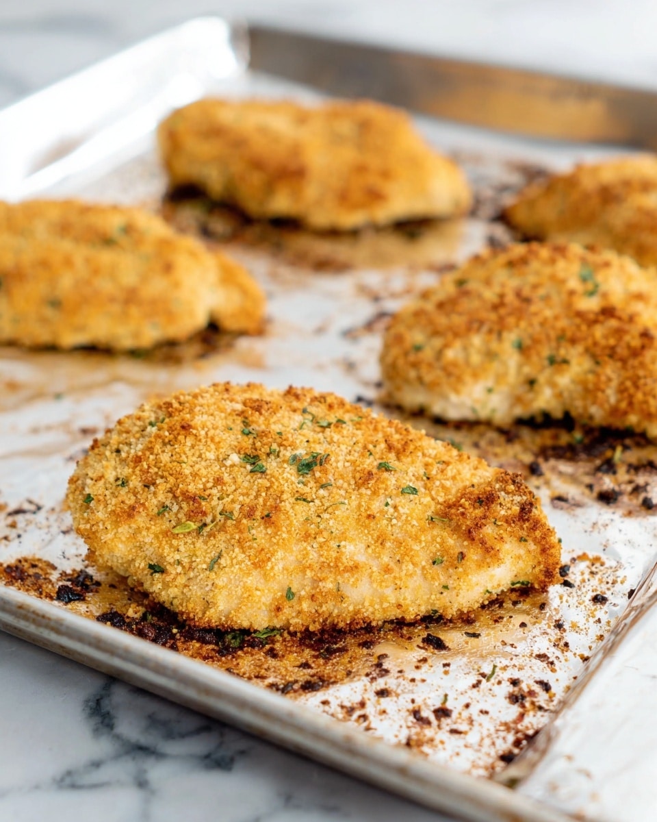 The image shows four pieces of breaded and baked chicken on a metal baking tray lined with foil. Each chicken piece is covered in a golden-brown breadcrumb layer that looks crispy with small green herb specks visible. The foil underneath has some dark brown crumbs and spots, indicating the chicken has been cooked well. The tray is placed on a white marbled surface, and the focus is mostly on the closest chicken piece in the foreground, with the other pieces slightly blurred in the background. photo taken with an iphone --ar 4:5 --v 7