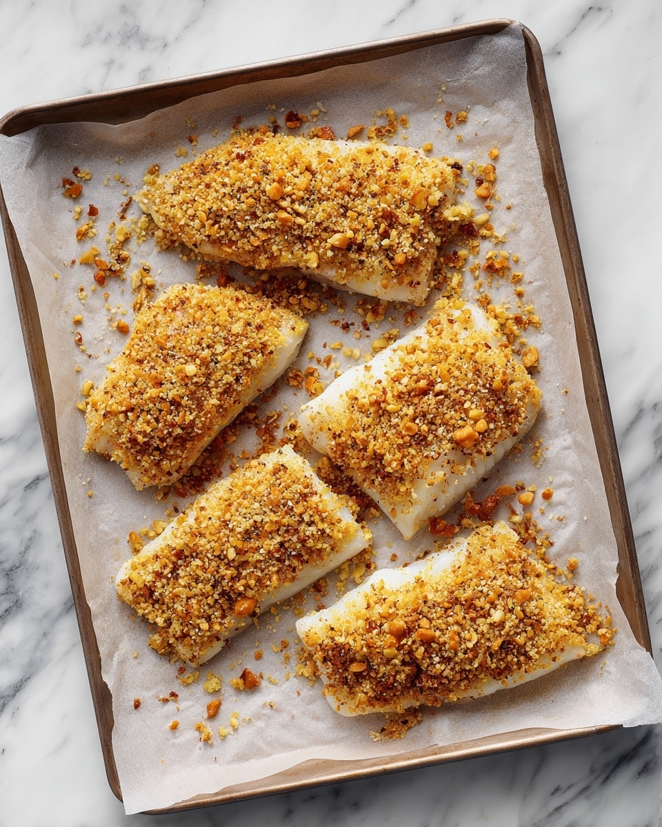 There are five pieces of white fish fillets arranged on a baking tray lined with parchment paper. Each fillet is coated with a golden brown, crumbly topping that looks like crushed nuts or seeds, spread unevenly, with some crumbs fallen onto the parchment. The fish pieces vary in shape and size and are spaced apart on the tray. The background is a white marbled surface. photo taken with an iphone --ar 4:5 --v 7