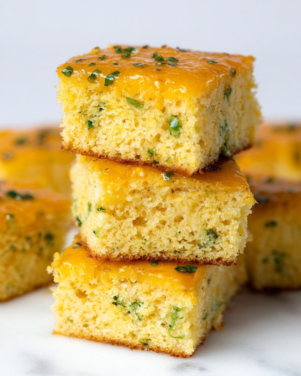 A stack of three square pieces of cornbread is shown close up, each piece having a moist yellow crumb with small green herb pieces mixed inside. The top layer of each piece is covered with a smooth, glossy layer of melted cheddar cheese that has a bright orange color and is dotted with tiny green herbs. The stack is placed on a white marbled surface with more pieces of cornbread blurred in the background, giving a sense of depth. The texture of the cornbread looks soft and crumbly with visible air pockets inside. photo taken with an iphone --ar 4:5 --v 7