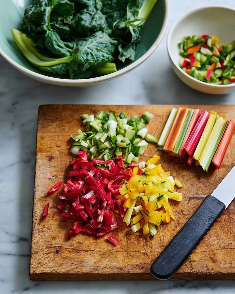 The image shows a wooden cutting board on a white marbled surface, with a small pile of chopped vegetables made up of three distinct color layers: bright red, pale green, and yellow. Next to the pile, there is a small stack of long, layered vegetable sticks in red, pale green, and yellow colors placed neatly. On the right side, a sharp knife with a black handle lies on the cutting board. In the background, there are two white bowls; one is filled with leafy greens and the other contains a small mix of chopped vegetables similar to those on the cutting board. Photo taken with an iphone --ar 4:5 --v 7