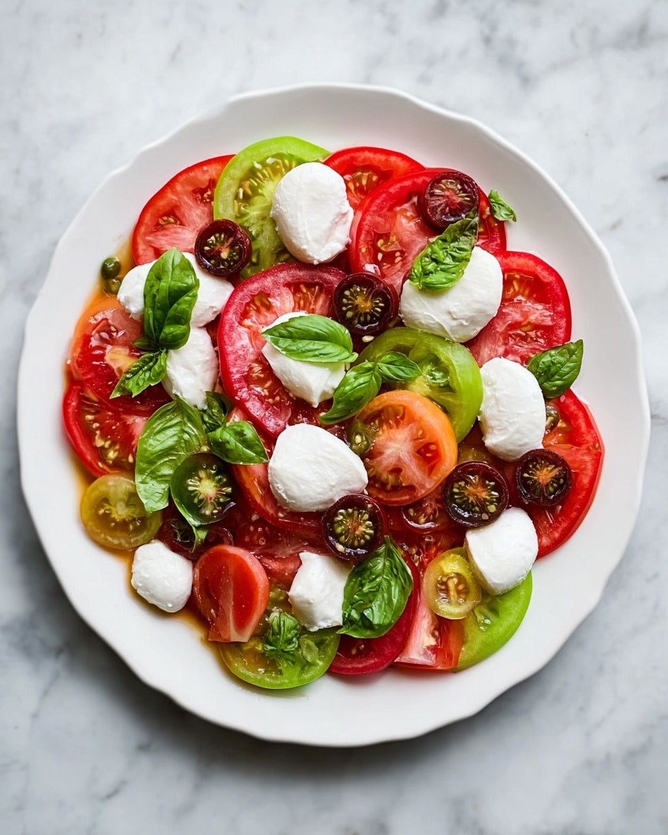A white round plate holds a colorful tomato salad with three main layers: the bottom layer is a mix of red, green, and pink tomato slices, each smooth and slightly translucent. On top of the tomato slices are small and large white mozzarella cheese rounds, soft with a smooth texture. Scattered around the cheese and tomatoes are small dark red cherry tomatoes, some halved showing their juicy insides. Fresh green basil leaves with a slightly shiny surface are spread evenly on top, adding a fresh, natural look. The plate sits on a white marbled surface. photo taken with an iphone --ar 4:5 --v 7
