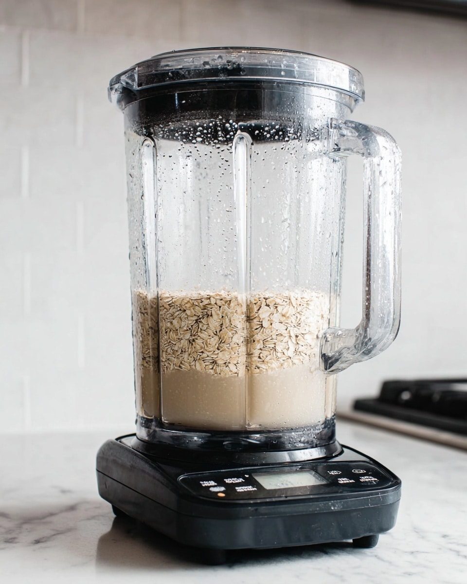 A clear blender container sits on a black base with a digital display and control buttons. Inside the container, there is one visible layer: a bottom layer of light beige rolled oats submerged in a cloudy, pale liquid. The container and its lid are transparent, showing water droplets inside. The scene is set against a white marbled surface background. photo taken with an iphone --ar 4:5 --v 7