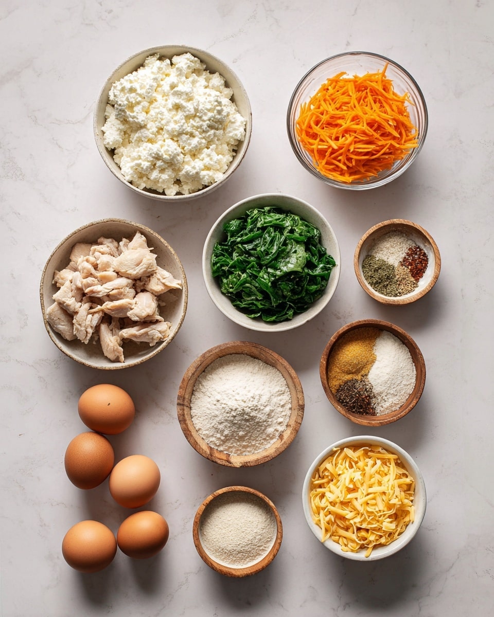 A flat lay of small bowls and one white bowl arranged on a white marbled surface, showing raw ingredients for cooking. At the top left is a bowl filled with white cottage cheese with creamy lumps, to its right is a clear bowl with bright orange shredded carrots. Below these is a bowl filled with chopped green leafy spinach, next to that a white bowl containing cooked pieces of light brown chicken. In the middle bottom, several wooden bowls contain beige flour, white baking powder, and mixed spices in light and dark brown tones. To the right of those is a white bowl with shredded yellow cheddar cheese. At the bottom left corner are three brown eggs in a white bowl. photo taken with an iphone --ar 4:5 --v 7