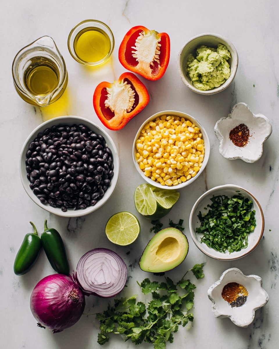 The image shows various fresh ingredients laid out on a white marbled surface. In the center, there is a white bowl filled with shiny black beans and next to it a white bowl with bright yellow corn kernels. On top near the center, two halves of a red bell pepper show their white inner ribs and seeds. Beside them, a small clear glass jug holds golden olive oil and a small white pitcher contains light lime juice. Below these, two lime halves with bright green flesh rest flat side up. To the right, there is a white bowl with chopped fresh green cilantro. On the left side, two whole dark green jalapeño peppers and a few sprigs of cilantro are scattered. Nearby are two halves of a light green avocado; one shows the creamy flesh and the other has the large brown seed. Below these, two halves of a red onion reveal their smooth purple rings. Also included are two small bowls, one holding a mix of red and yellow spices and the other with white salt, garlic powder, and chili flakes. A small white flower-shaped plate carries some fresh lime zest. The whole scene is bright and colorful with a clean, fresh look, photo taken with an iphone --ar 4:5 --v 7