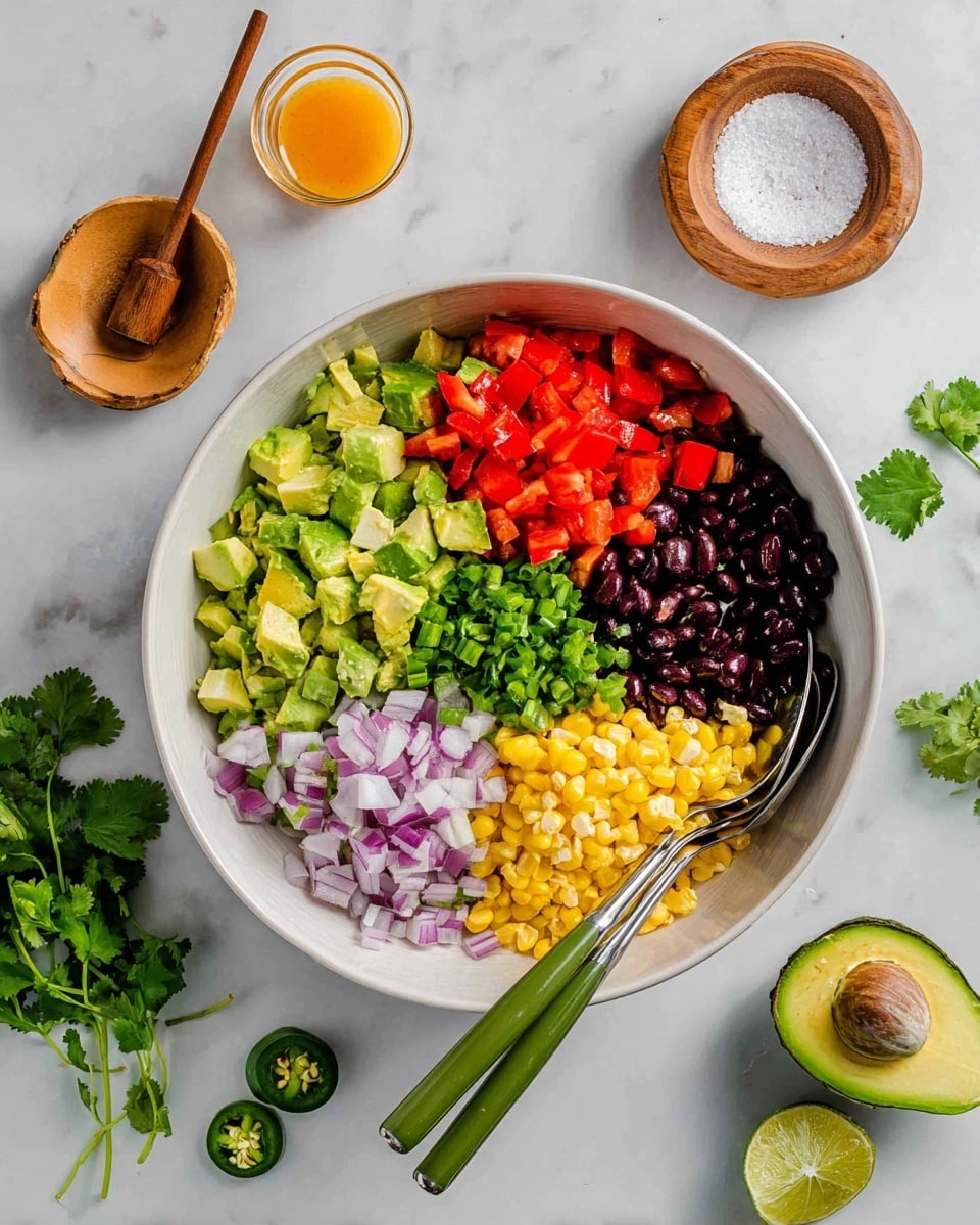 A white bowl holds seven neat layers of ingredients arranged in a circular pattern: diced green avocado in the top left, bright red chopped bell peppers next to it, fresh green cilantro beside the peppers, black beans forming a dark cluster to the right, yellow sweet corn with a plump texture below the beans, finely chopped green bell peppers on the bottom, and small purple diced onions to the left of the corn. Two silver spoons with green handles rest on the right edge of the bowl inside. Outside the bowl on a white marbled surface, there is a wooden bowl filled with salt and a small wooden scoop near the top, a small bowl with orange dressing on the top left corner, a whole jalapeño on the right side, pieces of sliced jalapeño on the bottom left, avocado halves near the bottom right, and scattered small cilantro leaves around them. Photo taken with an iphone --ar 4:5 --v 7