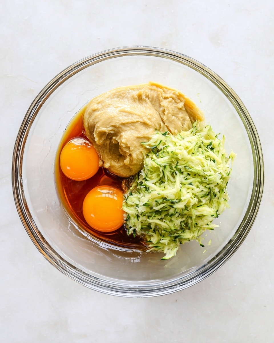 A clear glass bowl on a white marbled surface holds four main layers of ingredients arranged side by side. On the left is a beige paste with a soft, thick texture, next to it are two raw eggs with bright orange yolks and clear whites. To the right of the eggs is a pile of green, finely shredded zucchini with a moist and slightly textured look. Surrounding these layers is a thin layer of dark amber liquid that is partially filling the bowl’s empty spaces. Photo taken with an iphone --ar 4:5 --v 7