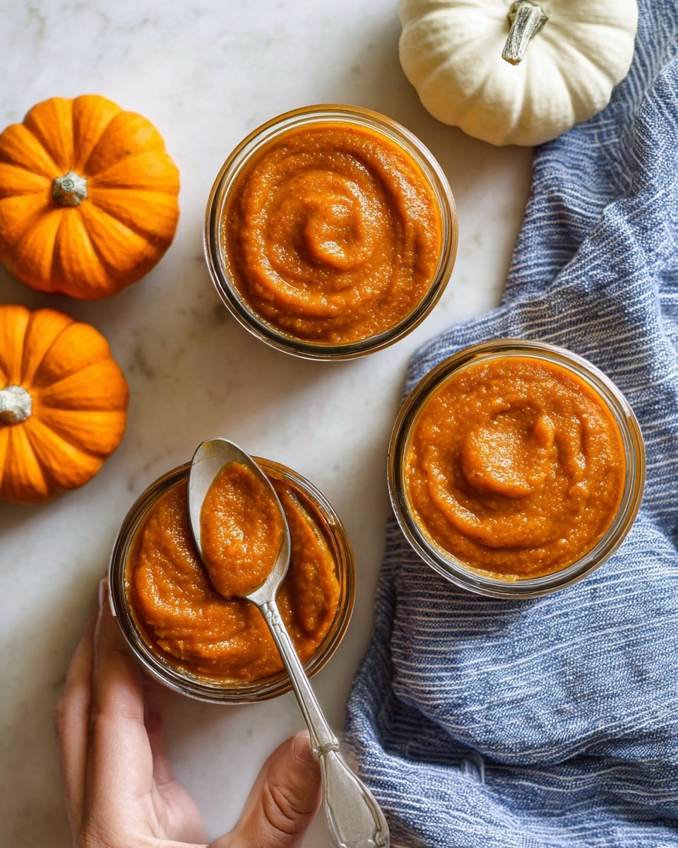 The image shows three small jars filled with smooth orange pumpkin puree, each jar having a thick, creamy texture with slight swirl patterns on top. Two small bright orange pumpkins and one white pumpkin surround the jars, resting on a white marbled surface. A woman's hand is holding one jar at the bottom left corner, with a silver spoon dipping into the puree, showing its thick consistency. A blue-gray striped cloth is partially seen on the right side, adding a soft texture contrast. Photo taken with an iphone --ar 4:5 --v 7