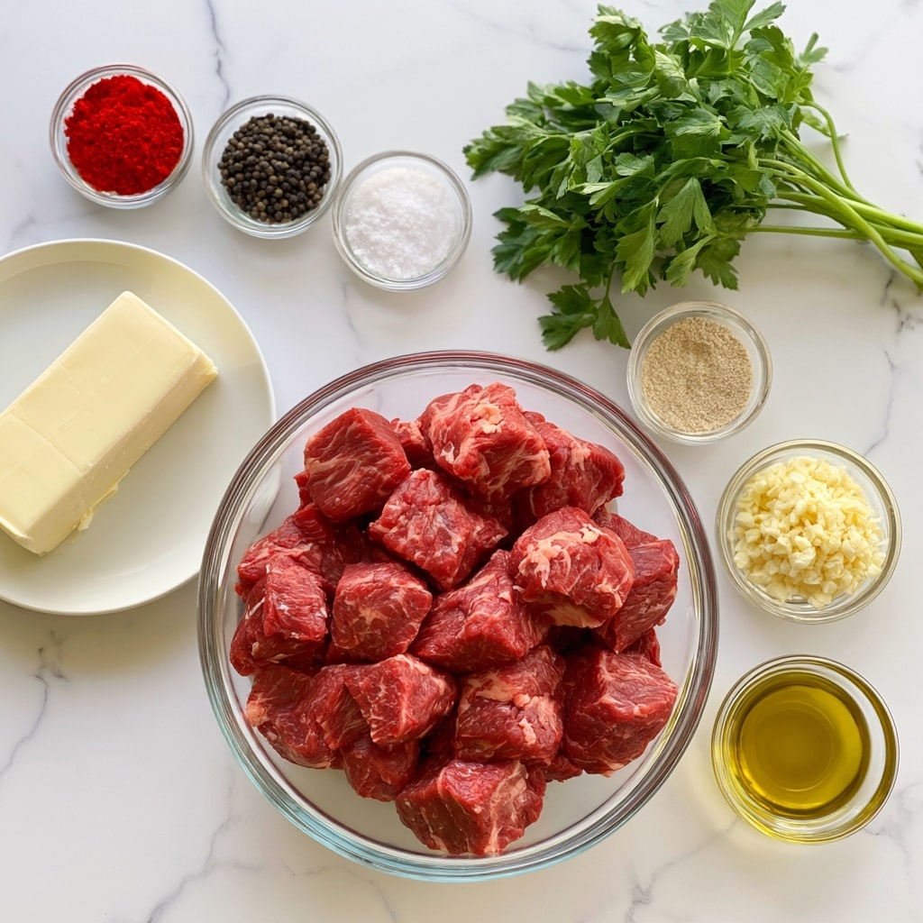 The image shows several ingredients arranged neatly on a white marbled surface. At the bottom center is a large clear glass bowl filled with many pieces of raw red meat with light marbling. To the left, a white plate holds a stick of light yellow butter. Above this plate are three small clear glass bowls, from left to right containing bright red spice, black pepper, and white salt. To the top right is a bunch of fresh green parsley with leaves and stems. Below the parsley are two small clear bowls, one with light brown granulated powder and the other with finely chopped pale yellow garlic. At the bottom right is a small clear bowl filled with golden-yellow olive oil. The overall style is clean and organized, with a bright and fresh look, photo taken with an iphone --ar 4:5 --v 7