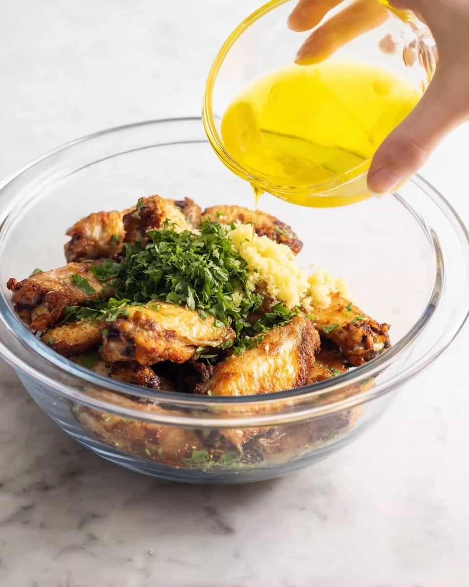 A clear glass bowl placed on a white marbled surface holds several cooked golden brown chicken wings with a slightly crispy texture. On top of the wings, there is a small pile of finely chopped fresh green herbs and a mound of minced or grated pale yellow garlic. Above the bowl, a woman's hand holds a small clear glass bowl filled with bright yellow oil, tilted as if about to pour the oil over the chicken wings. The scene is bright with soft natural light and the focus is sharp on the bowl and contents. photo taken with an iphone --ar 4:5 --v 7