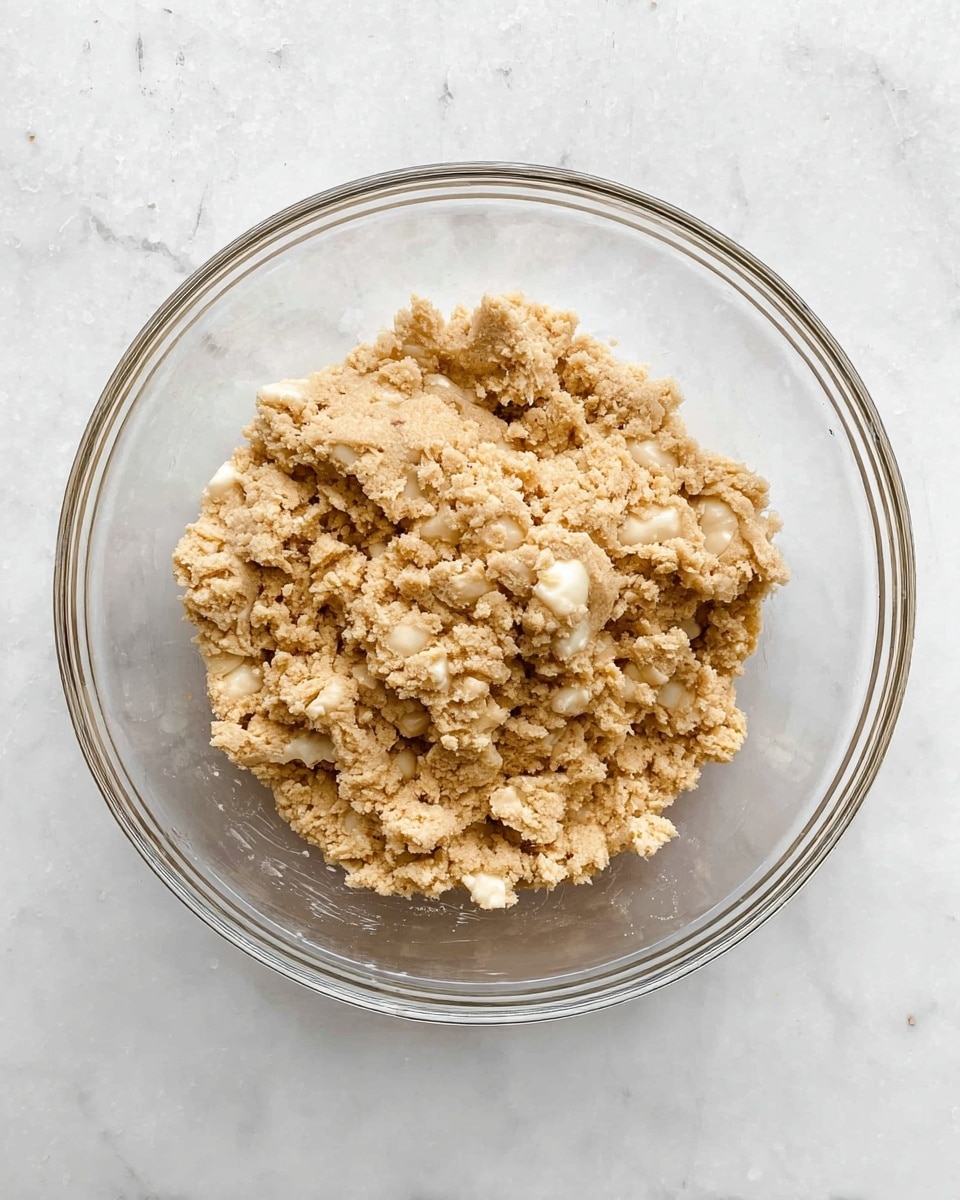 Inside a clear glass bowl, there is dough that has a crumbly texture with small lumps and uneven pieces. The dough is a light brown color with some white spots mixed in, which look soft and creamy. The bowl sits on a white marbled surface, and the image is taken from above, showing the dough packed loosely in the center of the bowl. photo taken with an iphone --ar 4:5 --v 7