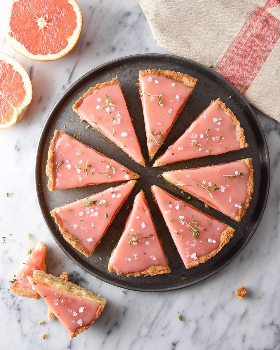 A round tart is cut into 10 triangular slices arranged in a circle on a dark metal tart pan. Each slice has a pink glaze on top with small white sugar crystals scattered evenly, and a few green herb sprigs are sprinkled on some slices. The tart crust is golden brown and looks crisp. Two small broken pieces of the tart are placed near the pan on a white marble surface, next to a half-cut grapefruit on the top left and a beige cloth with red stripes on the top right. photo taken with an iphone --ar 4:5 --v 7