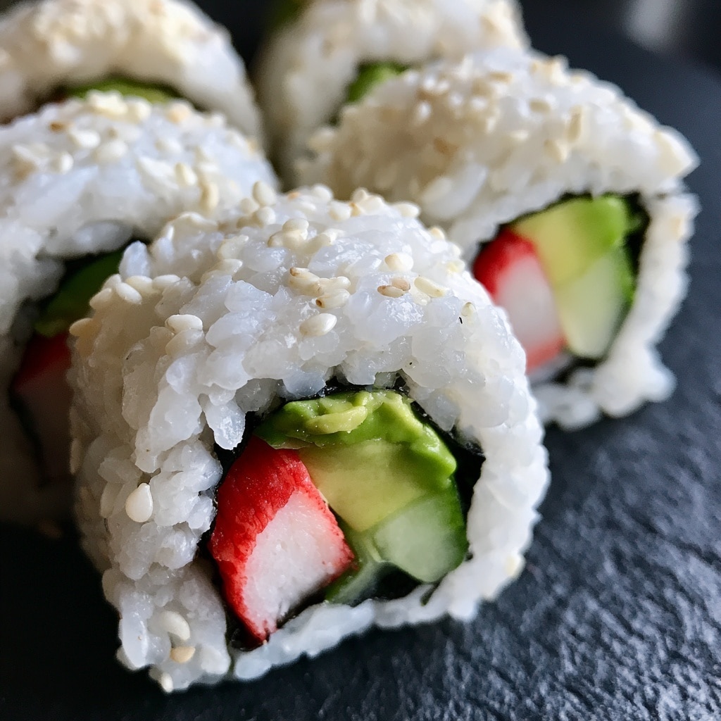 The image shows eight sushi rolls arranged in two columns and four rows on a clear glass plate placed on a white marbled surface. Each sushi roll has four visible layers: the outer layer is white rice covered with sesame seeds, inside is a thin black seaweed layer, followed by chunks of pinkish crab stick, bright green avocado, and pale cucumber pieces, all tightly rolled together. In the top left corner, a pair of wooden chopsticks rests on the plate edge. The overall look is neat and fresh with contrasting colors of white, green, pink, and black. photo taken with an iphone --ar 4:5 --v 7