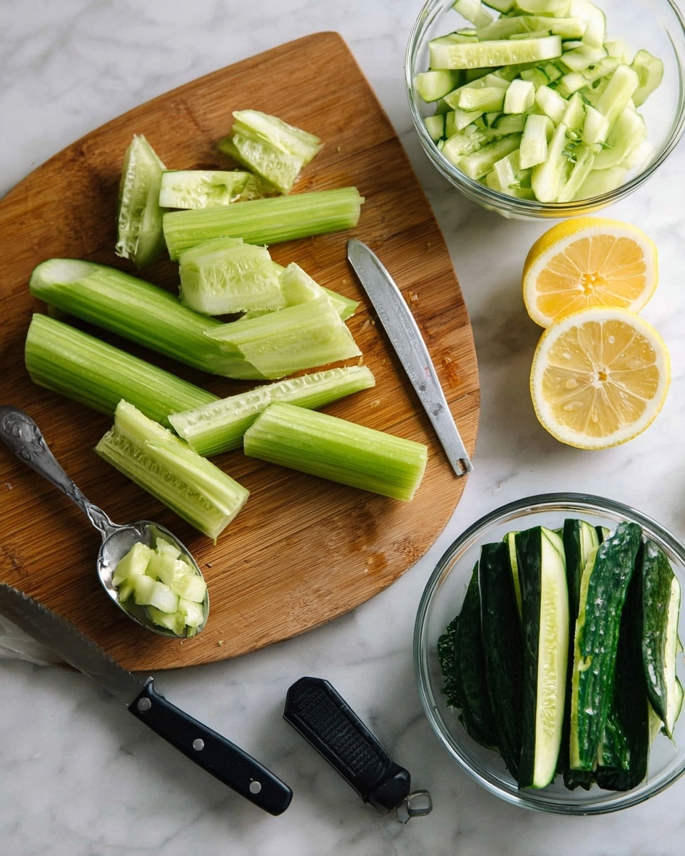 The image shows a wooden board on a white marbled surface with peeled cucumber pieces that have been cut into halves and a few with hollow centers. A spoon holds some soft cucumber flesh, ready for scooping. There is a small knife and a black vegetable peeler next to two lemon halves, adding a bright yellow contrast. Two clear glass bowls are visible, one filled with peeled cucumber slices stacked neatly, and the other with dark green cucumber skin strips alongside more soft cucumber flesh. The scene is fresh and clean, with natural light highlighting the green hues of the cucumber. photo taken with an iphone --ar 4:5 --v 7
