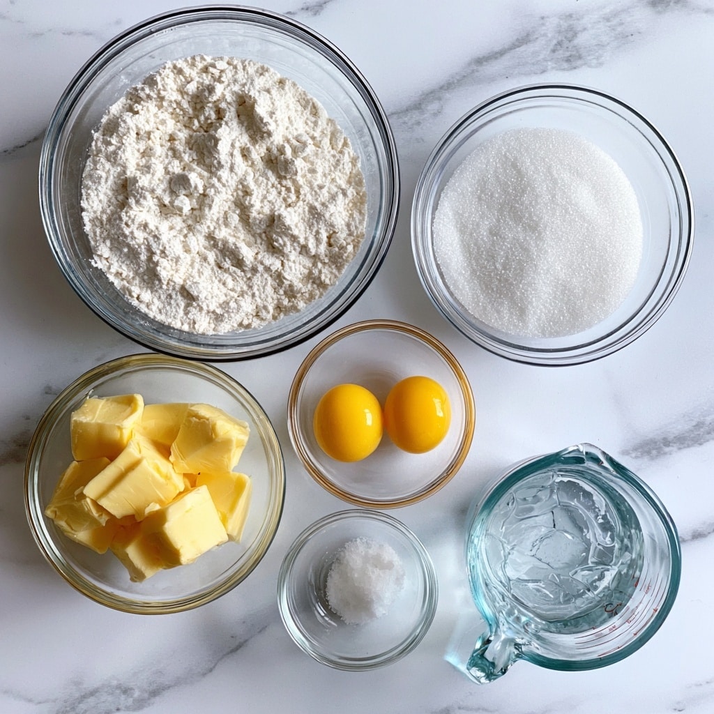 The image shows six clear glass bowls arranged on a white marbled surface. The largest bowl, at the top left, is filled with white flour with a slightly uneven texture. Below it, a medium-sized bowl contains several yellow butter cubes stacked unevenly. To the right of the flour, a medium bowl is filled with white sugar. Below the sugar, a small bowl holds two bright yellow egg yolks sitting side by side, and next to it on the left is a very small bowl with a white salt pile. On the bottom right, a glass measuring cup is filled with ice water and visible ice cubes. Each bowl is labeled with white text naming the ingredients. photo taken with an iphone --ar 4:5 --v 7