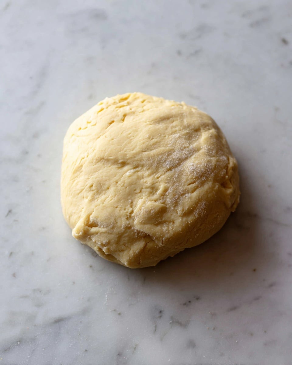 A single smooth ball of pale yellow dough with a soft, slightly uneven texture sits on a white marbled surface, showing small cracks and folds across its rounded shape. photo taken with an iphone --ar 4:5 --v 7