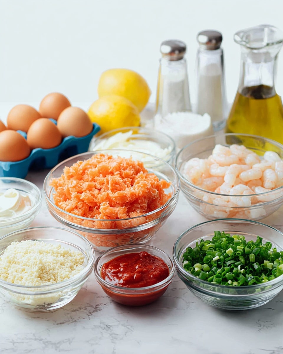 The image shows several small glass bowls and containers arranged on a white marbled surface. In the center, there is a clear glass bowl full of finely chopped orange-colored salmon. Behind it, to the right, is another clear glass bowl with raw, peeled shrimp, which are pale and slightly translucent. In front of these bowls, more glass bowls hold different ingredients: one contains pale beige breadcrumbs, another has a smooth white mayonnaise, and a small white bowl holds bright red ketchup. To the right side, a glass bowl is filled with green chopped scallions, and a smaller glass bowl holds chopped green herbs. Behind these, a clear glass bottle contains golden yellow oil, and there are plain white salt and pepper shakers. On the left side of the image, a blue carton holds three brown eggs, and a whole yellow lemon is placed next to it. The background is bright white, with soft natural lighting. photo taken with an iphone --ar 4:5 --v 7