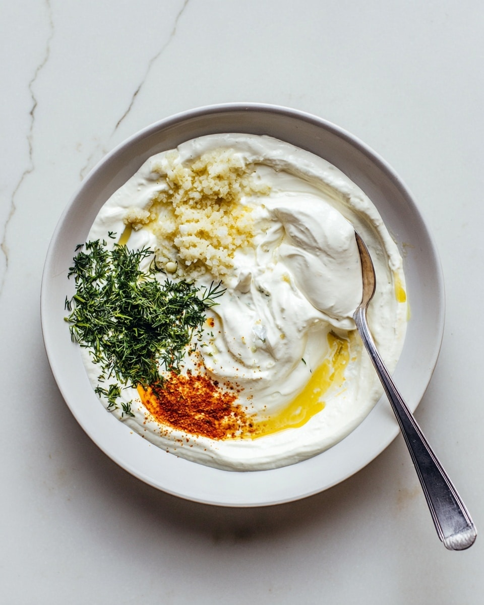 A white bowl holds a creamy white yogurt base spread unevenly in a circular shape with swirls. On one side, there is a fresh green sprinkle of chopped dill. Next to the dill, a small mound of finely chopped garlic is visible, pale yellow in color. On the opposite side, there is a sprinkle of reddish-orange spice powder next to a drizzle of yellow oil that mixes lightly with the yogurt. A silver spoon rests inside the bowl, partly covered by the yogurt. The bowl is placed on a white marbled surface. photo taken with an iphone --ar 4:5 --v 7