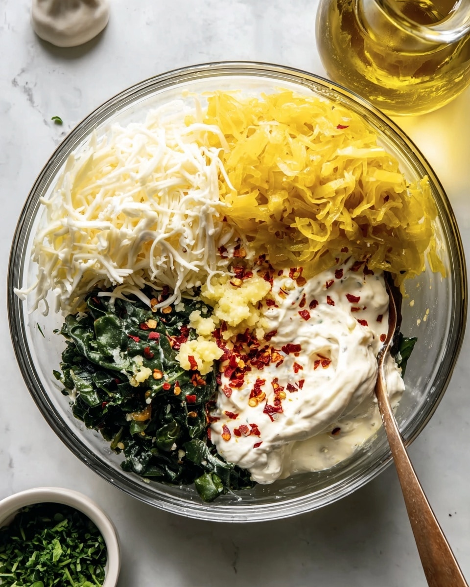 A clear glass bowl on a white marbled surface holds six visible layers of ingredients arranged separately. At the top left is a pile of shredded white cheese with a soft texture, next to a heap of chopped yellow peppers on the top right. Below the cheese and peppers, to the left, is a dark green layer of cooked spinach with a small dollop of light yellow minced garlic on it. Below the garlic and spinach, there is a thick layer of creamy white sour cream, topped with red chili flakes. Towards the center, there is a beige dollop of a creamy sauce with red chili flakes on top. A spoon is placed on the right side, in the yellow peppers. In the background to the right, there is a small bottle filled with golden olive oil and to the bottom left, a small white bowl with chopped green herbs is visible. Photo taken with an iphone --ar 4:5 --v 7