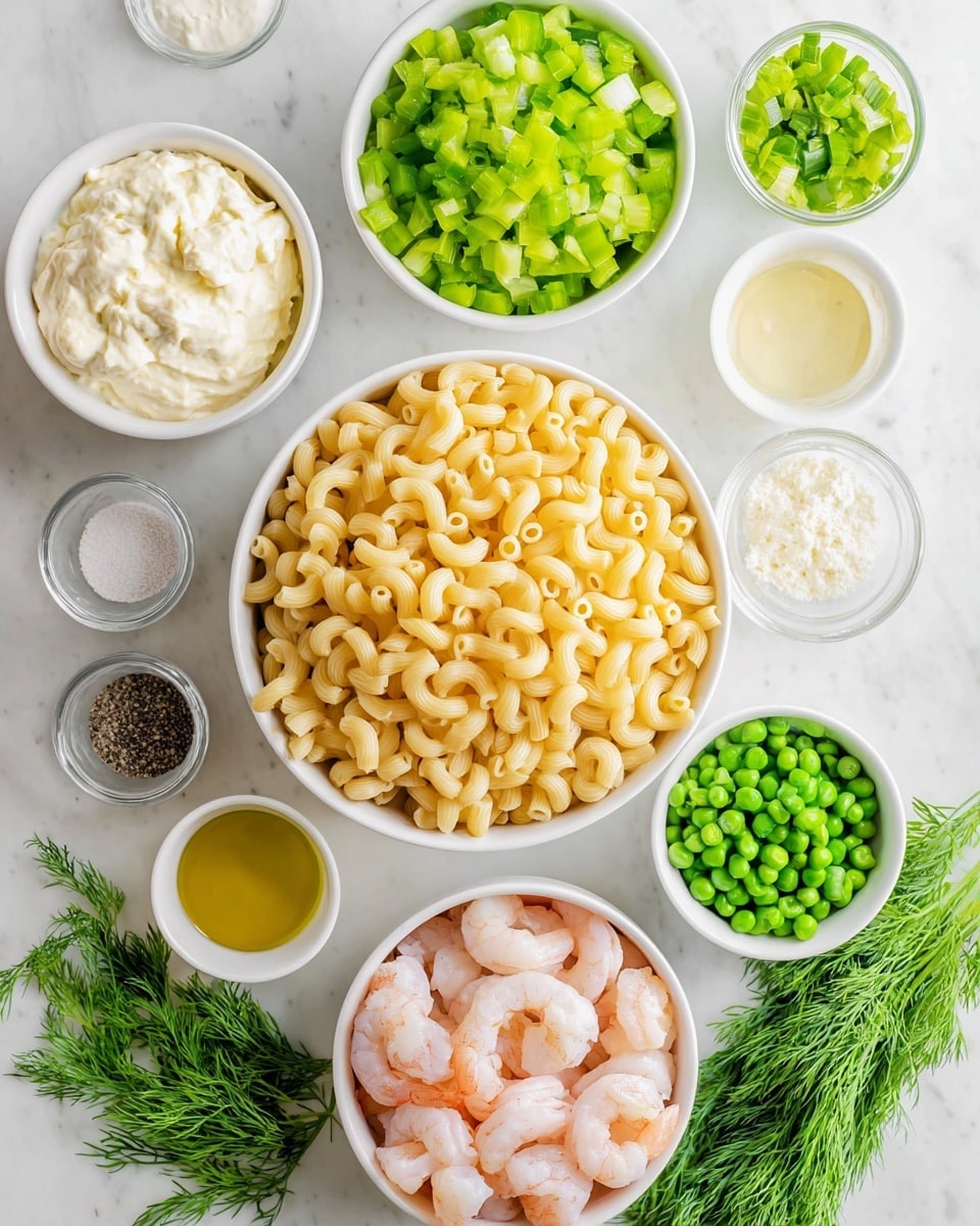 The image shows several white bowls arranged on a white marbled surface, each filled with different ingredients. In the center, a large bowl is full of cooked elbow macaroni, light yellow and smooth in texture. Surrounding it, from top to bottom, are bowls with creamy white mayonnaise, chopped pale green celery, bright green chopped bell peppers, chopped green onions, fresh green peas, and pinkish-white cooked shrimp. Around these bowls are small white containers holding black pepper, white sugar, salt, and liquids that appear translucent or light yellow, possibly vinegar or oil. Fresh green dill sprigs lie on the bottom right edge of the surface. The arrangement is clean and organized, showing the ingredients clearly and separately. Photo taken with an iphone --ar 4:5 --v 7