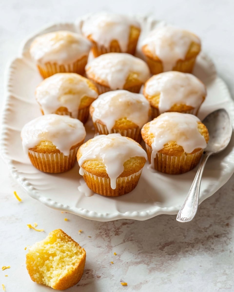 Nine small muffins with a soft golden brown bottom layer topped with a thick white glaze layer that drips slightly down the sides, arranged in a loose circle on a white plate with a scalloped edge, all set on a white marbled surface. To the right side of the plate, there is a silver spoon with a bit of the white glaze on it. In the lower left corner, one muffin is shown broken apart, revealing a fluffy, moist yellow interior. The lighting is soft and natural, highlighting the texture and shine of the glaze photo taken with an iphone --ar 4:5 --v 7