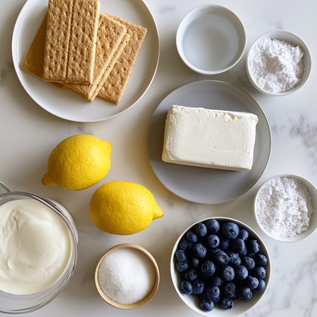 The image shows several ingredients placed on a white marbled surface. At the top left, three rectangular light brown graham crackers with a dotted pattern rest on a white plate. To the right, a small white bowl contains water, and below it, a small white bowl holds white cornstarch powder. At the center right, a gray plate has a rectangular block of white cream cheese. Below this, a small white bowl is filled with white confectioners' sugar. On the bottom left, there is a clear measuring cup filled with heavy cream. Two whole bright yellow lemons are situated near the center left. At the bottom right, a white bowl is filled with fresh dark blue blueberries. A small beige bowl with white granulated sugar sits near the lemons and sugar bowl. The arrangement is neat and bright. photo taken with an iphone --ar 4:5 --v 7