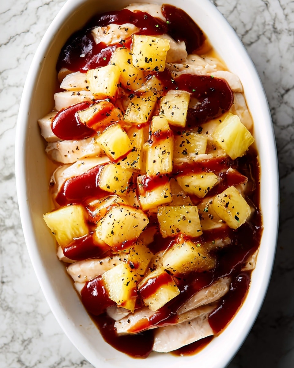 The dish shows one layer of smooth pale chicken, topped with many small yellow pineapple chunks. There is a dark red sauce drizzled in thick lines over both the chicken and pineapple. Some black pepper seasoning is sprinkled lightly across the top. The food sits in a white oval dish, and the background is a white marbled texture. Photo taken with an iphone --ar 4:5 --v 7