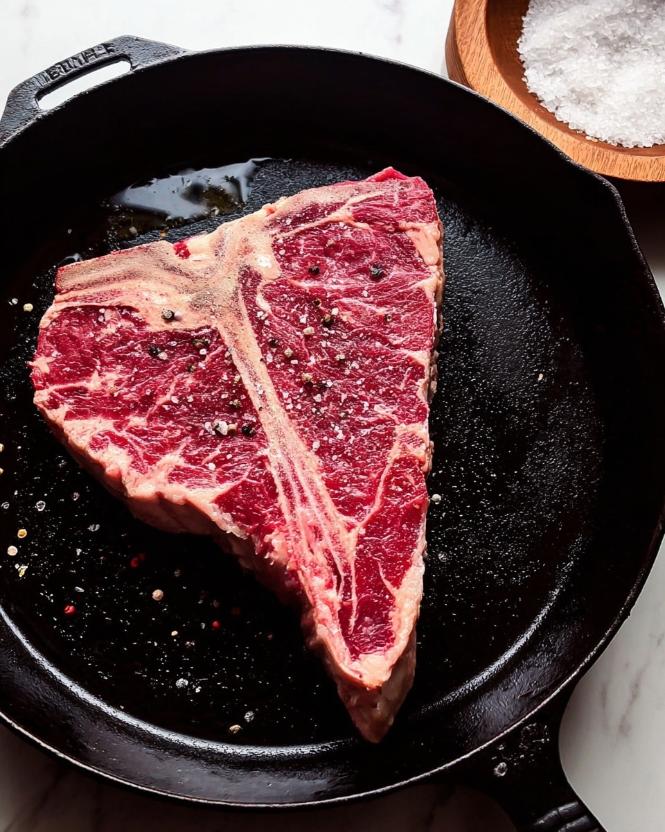 A thick raw T-bone steak with bright red and pink colors and white fat runs through the meat is placed flat in a black cast iron skillet. The steak is sprinkled with coarse salt and black pepper. The skillet shows a small amount of oil with a slightly shiny texture around the steak. In the top right corner, a round wooden salt container with white salt inside is partly visible. The whole scene sits on a white marbled surface. photo taken with an iphone --ar 4:5 --v 7