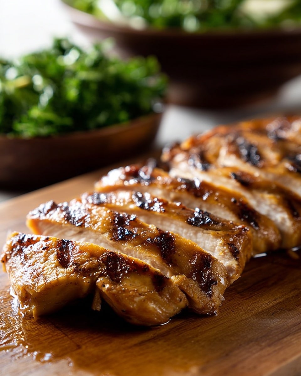 The image shows a grilled chicken piece sliced into thin strips, each strip glossy with a golden brown sear and darker grill marks running horizontally across the top. The chicken is placed on a wooden board with a soft focus on a bowl of fresh green salad in the background, emphasizing the juicy texture and charred details of the chicken in the front. The lighting highlights the shiny, moist surface of the meat, making it look tender and hot. Photo taken with an iphone --ar 4:5 --v 7