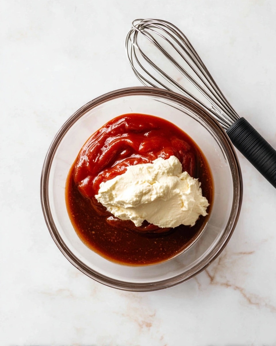 A clear glass bowl sits on a white marbled surface, holding three main layers of ingredients: a thick, dark reddish-brown sauce spread at the bottom, a bright red ketchup-like layer in the middle with a shiny and smooth texture, and a dollop of creamy white mixture with a slightly grainy texture resting on top toward one side. Next to the bowl, a metal whisk with a black handle lies diagonally against the surface. photo taken with an iphone --ar 4:5 --v 7
