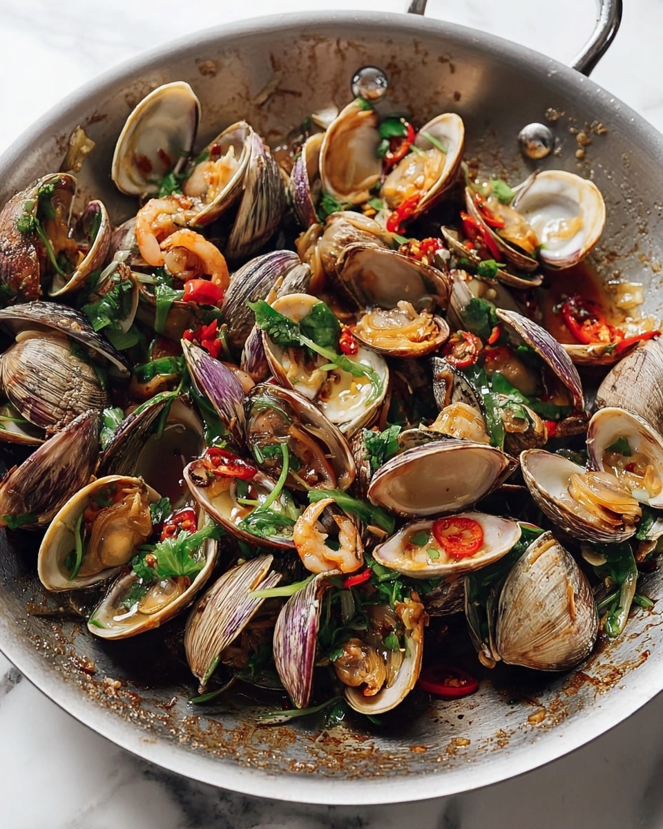 A metal pan filled with cooked clams, their brown and purple shells mostly open, revealing tender light orange meat inside. Mixed among the clams are small pieces of green herbs and bright red chili bits, scattered on and around the clams. Thin slices of light brown onions and a few small shrimp add extra texture to the dish. The inside of the pan shows some sauce stains, and the background is a white marbled texture. photo taken with an iphone --ar 4:5 --v 7