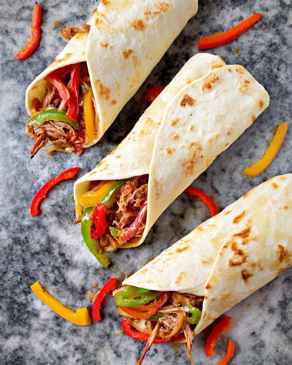 The image shows an open white tortilla with a filling of cooked chicken pieces mixed with sautéed bell pepper strips in red, green, and yellow, and cooked onions in light brown, placed in the center on a dark surface over a white marbled texture. Around it, there are scattered raw bell pepper strips in green, red, orange, and yellow colors. Two folded white tortillas filled with the same chicken and vegetable mixture are on the left side, one secured with a toothpick. A white bowl near the bottom right corner holds more of the chicken and bell pepper mixture. Photo taken with an iphone --ar 4:5 --v 7