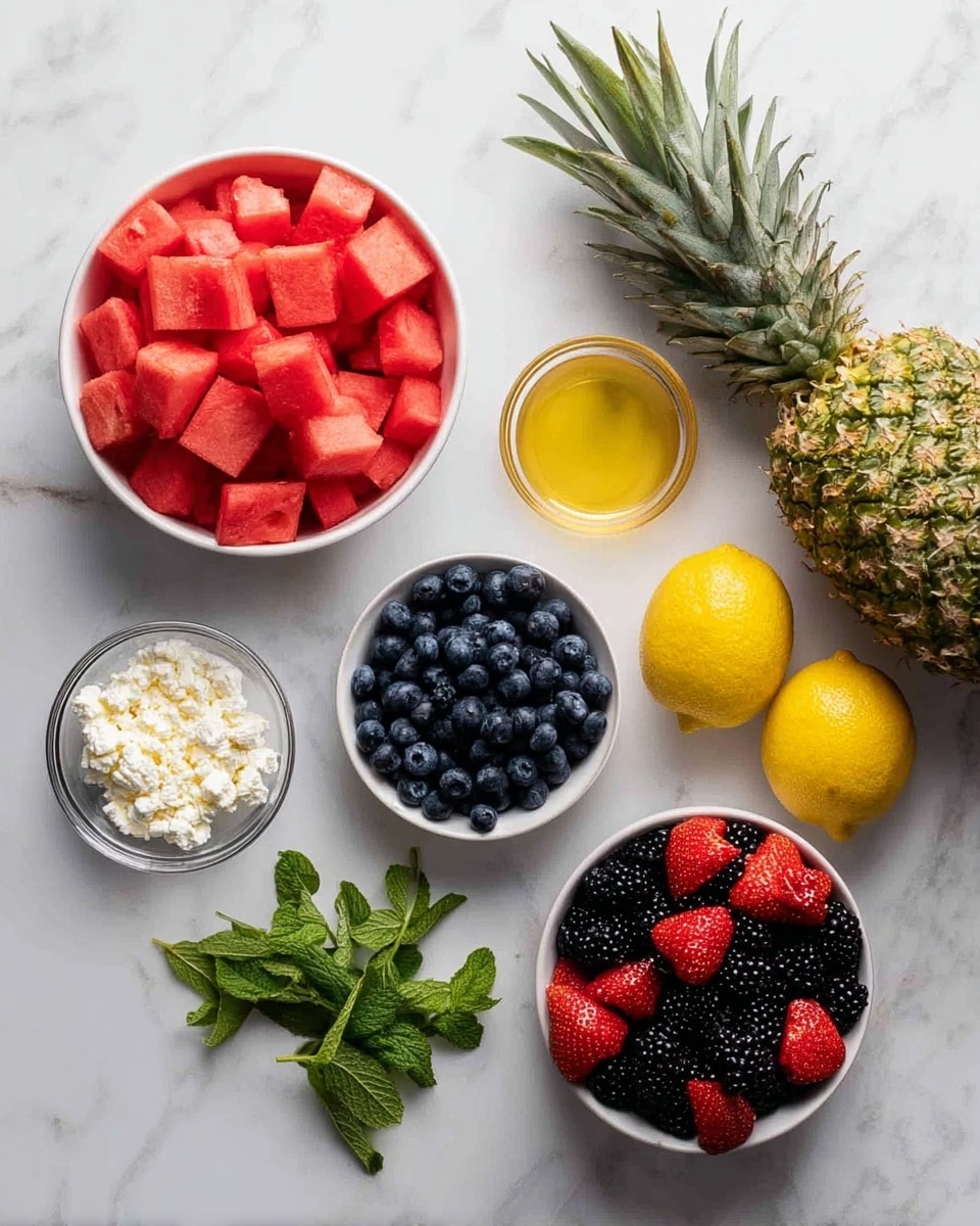 The image shows several bowls and fresh items arranged on a white marbled surface. On the left, there is a white bowl filled with bright red watermelon cubes. Below it, there is a small glass bowl with white crumbly cheese. Next to that, a white bowl holds dark blue blueberries. Towards the center is a small glass bowl with light golden honey, with a green mint branch just below it. On the right side, a white bowl full of shiny black blackberries sits next to two bright yellow lemons. Above that, another white bowl filled with fresh red strawberries is near a whole pineapple with green spiky leaves. The colors are bright and fresh, showing a variety of textures from smooth fruit skins to crumbly cheese. photo taken with an iphone --ar 4:5 --v 7
