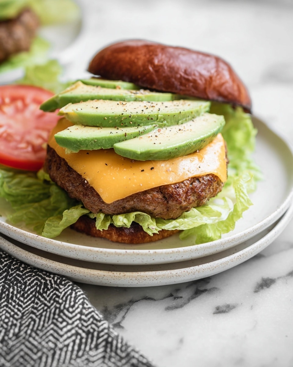A white plate with a burger on it, showing layers from bottom to top: a dark brown bun, light green leafy lettuce, two thick red tomato slices, a grilled brown beef patty, a smooth melted orange cheese slice, and five thin avocado slices sprinkled with black pepper and salt. The top dark brown bun is slightly out of focus behind the burger. The plate sits on a white marbled surface with a gray patterned cloth near the bottom left corner. Photo taken with an iphone --ar 4:5 --v 7