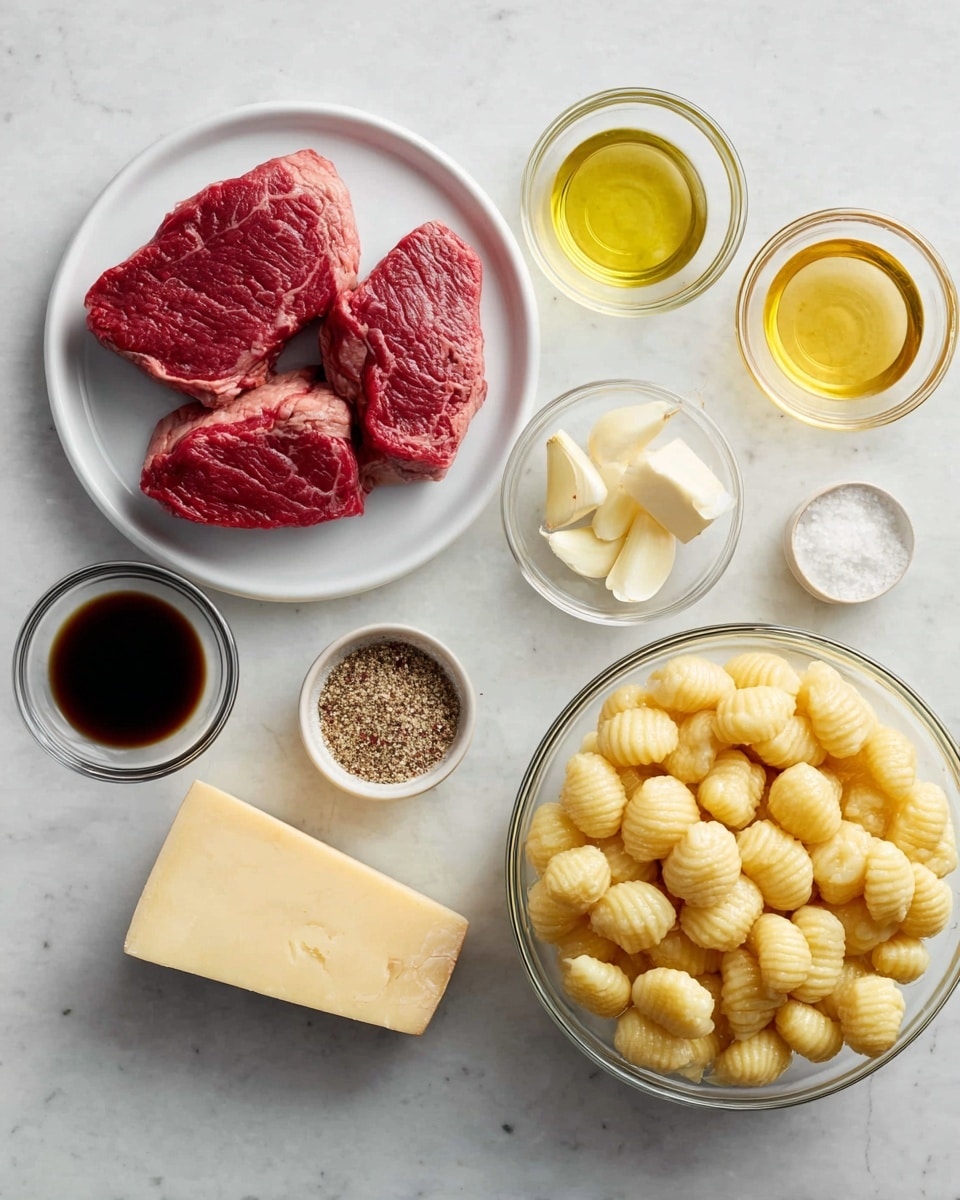 The image shows an overhead view of various ingredients placed neatly on a white marbled surface. On the left, there is a white plate holding two raw red steak pieces with visible marbling. To the right of the plate are small clear glass bowls and containers filled with different liquids, including a light yellow oil, a darker soy-like sauce, and a small square of butter. Next to these is some peeled garlic cloves. In the center bottom is a wedge of pale yellow hard cheese, likely Parmesan. On the right side of the image is a large clear glass bowl filled with uncooked gnocchi, which are small, pale yellow, ridged potato pasta pieces. Near the steak plate is a small white bowl holding a mix of spices and salt. The whole setup is clean and well-arranged. Photo taken with an iphone --ar 4:5 --v 7