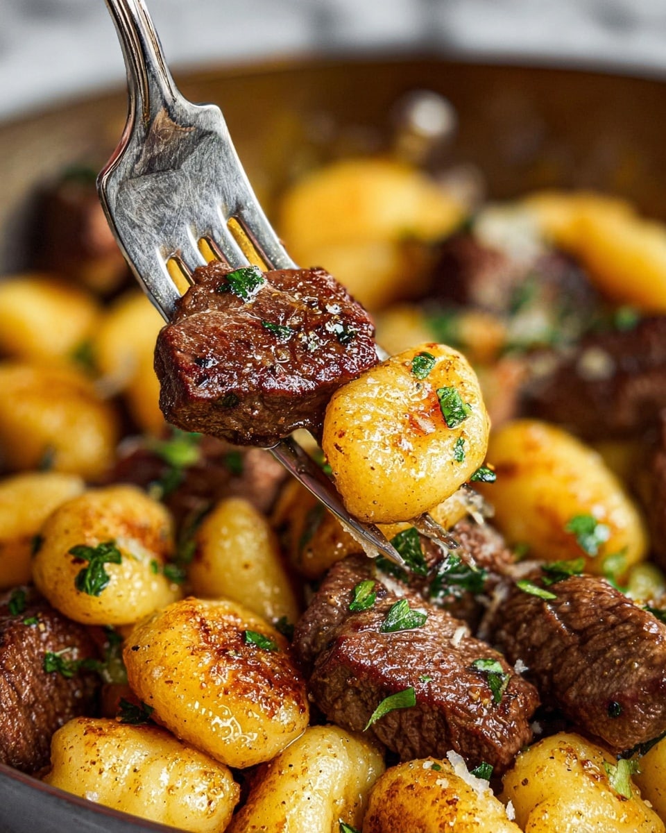 The image shows a close-up of a fork holding two browned, well-seasoned gnocchi pieces and a cube of cooked beef with grill marks, all sprinkled with chopped green herbs. Below, there is a pan full of more golden browned gnocchi and beef cubes mixed together, all glistening with a light sheen of oil or sauce, resting on a white marbled surface. The texture of the food looks soft yet crispy on the edges, with a warm, rich color contrast between the golden gnocchi and dark brown beef pieces. photo taken with an iphone --ar 4:5 --v 7