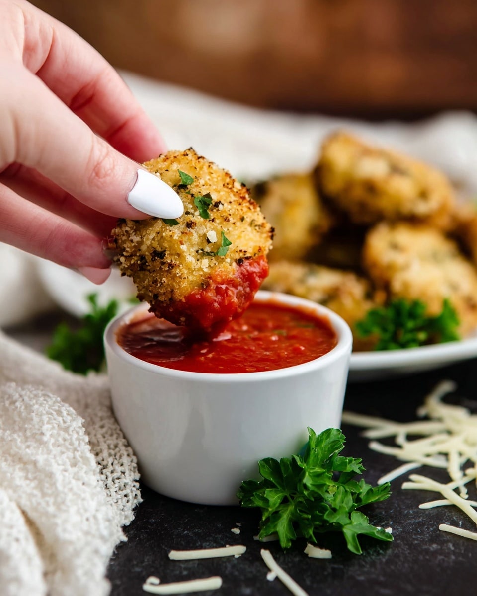 A woman's hand with white painted nails is holding a golden-brown, crispy, crumb-coated nugget dipped halfway into a small white cup filled with bright red marinara sauce. The nugget has visible herbs and a crunchy texture. In the background, there is a white plate with more of these nuggets and some green parsley. White shredded cheese and more green herbs are scattered around a dark surface, with a white textured cloth nearby. The background features a soft, out-of-focus warm brown tone and the surface beneath everything is a white marbled texture. photo taken with an iphone --ar 4:5 --v 7