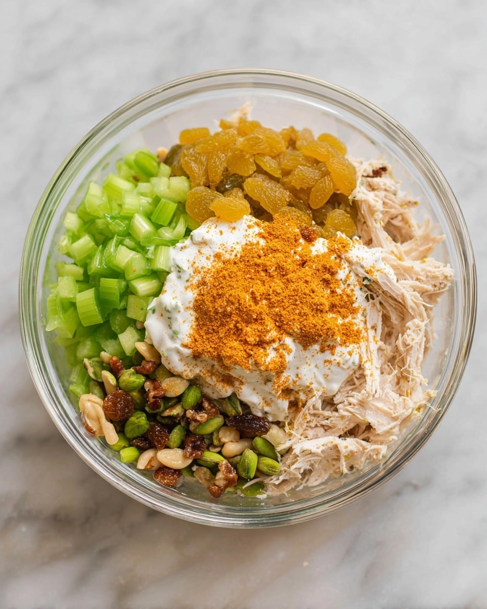 A clear bowl holds five visible layers: at the bottom is shredded light beige chicken; on top and slightly to the left are bright green chopped celery pieces; to the right of the celery is a cluster of yellow and light brown raisins; next to the raisins toward the right are chopped nuts in mixed tan and green shades; the top center layer is a dollop of white creamy sauce sprinkled generously with orange powder. The bowl sits on a white marbled surface. Photo taken with an iphone --ar 4:5 --v 7