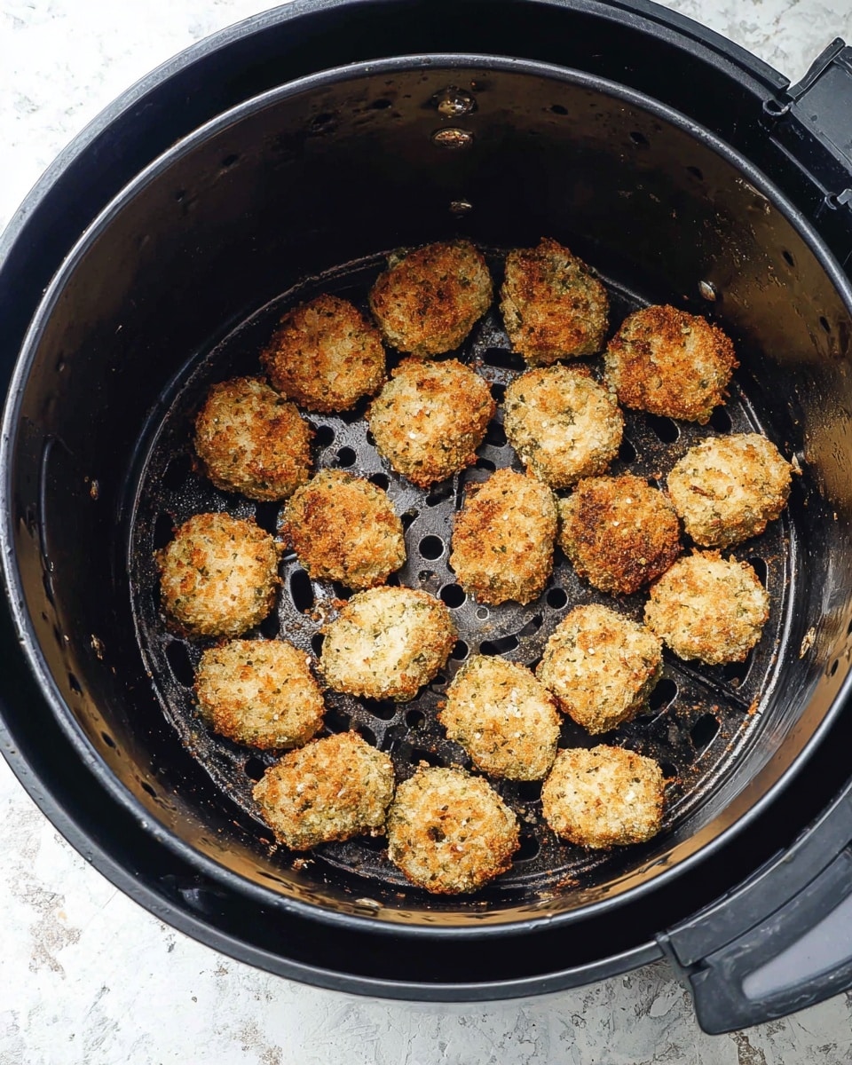 Inside a black round air fryer basket, there are many small, golden-brown, breaded pieces of fried food spread evenly across the bottom. The pieces have a rough, crispy texture with a mix of light and darker brown colors, showing they are cooked and crunchy. The basket has holes on its base, and the outer rim shows signs of use. The background surface under the air fryer is a white marbled texture. photo taken with an iphone --ar 4:5 --v 7