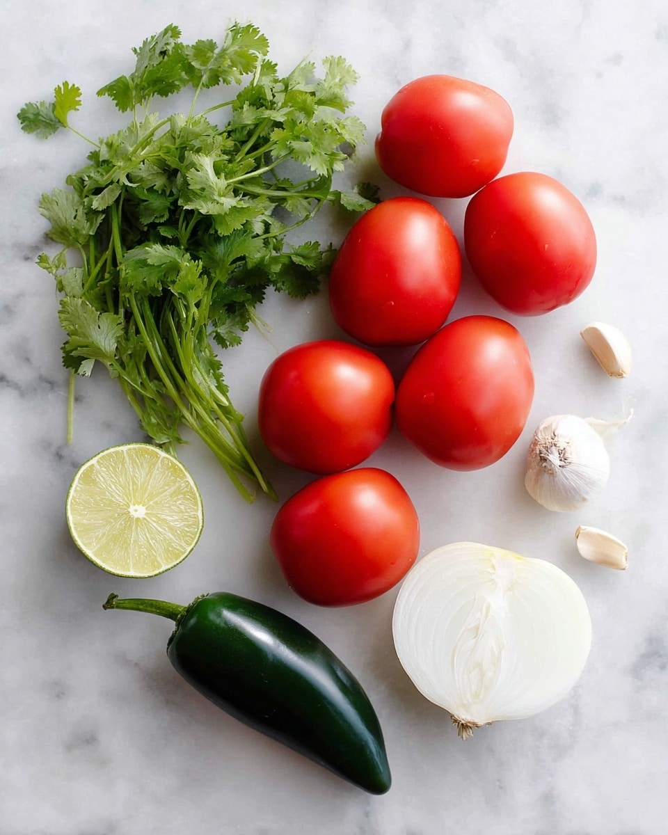 The image shows fresh ingredients laid out on a white marbled surface. There are five bright red tomatoes with smooth skin, arranged in a slight curve. To the left, there is a bunch of green cilantro with long stems and leafy tops. A lime is cut in half showing its light green inside. Below the tomatoes, a dark green chili pepper lies horizontally. On the right side, there are three white garlic cloves and a white onion cut in half, revealing the clean, layered inside. The colors are bright and the textures clear, showing the freshness of the ingredients. Photo taken with an iphone --ar 4:5 --v 7