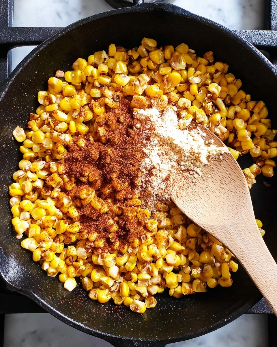 A black cast iron pan is filled with bright yellow corn kernels lightly browned with some darker caramelized spots. On top of the corn is a layer of reddish-brown spice powder and some white granulated seasoning, spread unevenly. A wooden spoon with a light natural wood color is positioned inside the pan on the right side, resting on the corn. The pan sits on a stove burner with black grates, and the whole scene is viewed from above on a white marbled surface. photo taken with an iphone --ar 4:5 --v 7
