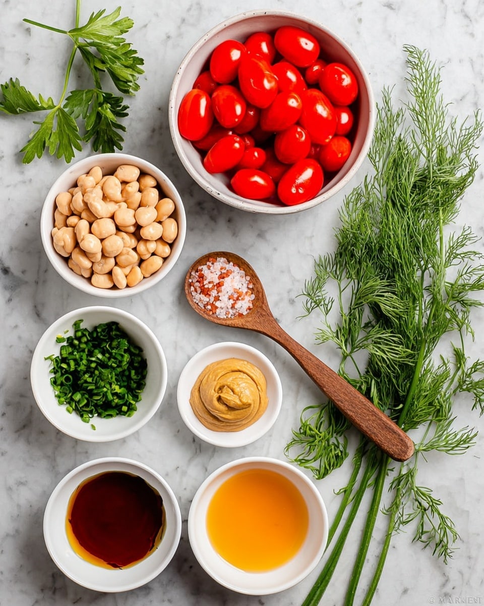 The image shows seven white bowls and a wooden spoon arranged neatly on a white marbled surface. The top right bowl is full of vibrant red halved cherry tomatoes with a shiny texture. To its left is a bowl filled with beige beans, smooth and round. Below the beans is a bowl with bright green chopped chives, small and dense. To the right of the chives is a bowl containing a smooth dollop of light brown mustard. Below the tomatoes is a bowl with orange-colored liquid, smooth and glossy. Near the bottom right is a bowl with dark amber liquid, glossy with a small brown powder spot in the center. A wooden spoon filled with pale pink salt sits in the middle, and fresh green dill and parsley sprigs with feathery leaves are placed around the bowls. photo taken with an iphone --ar 4:5 --v 7