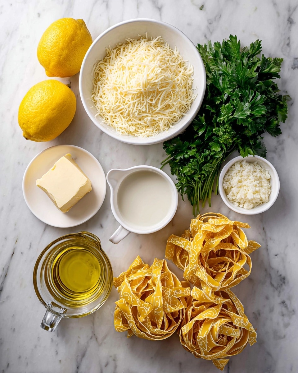 The image shows several ingredients on a white marbled surface: two whole yellow lemons, a bunch of fresh green parsley, a white bowl filled with shredded cheese, a white bowl with minced garlic, a white bowl holding a square of butter, a white bowl filled with olive oil, a clear glass measuring cup of cream, and three nests of yellow pasta with white patterns placed side by side near the bottom right corner, all arranged neatly. photo taken with an iphone --ar 4:5 --v 7