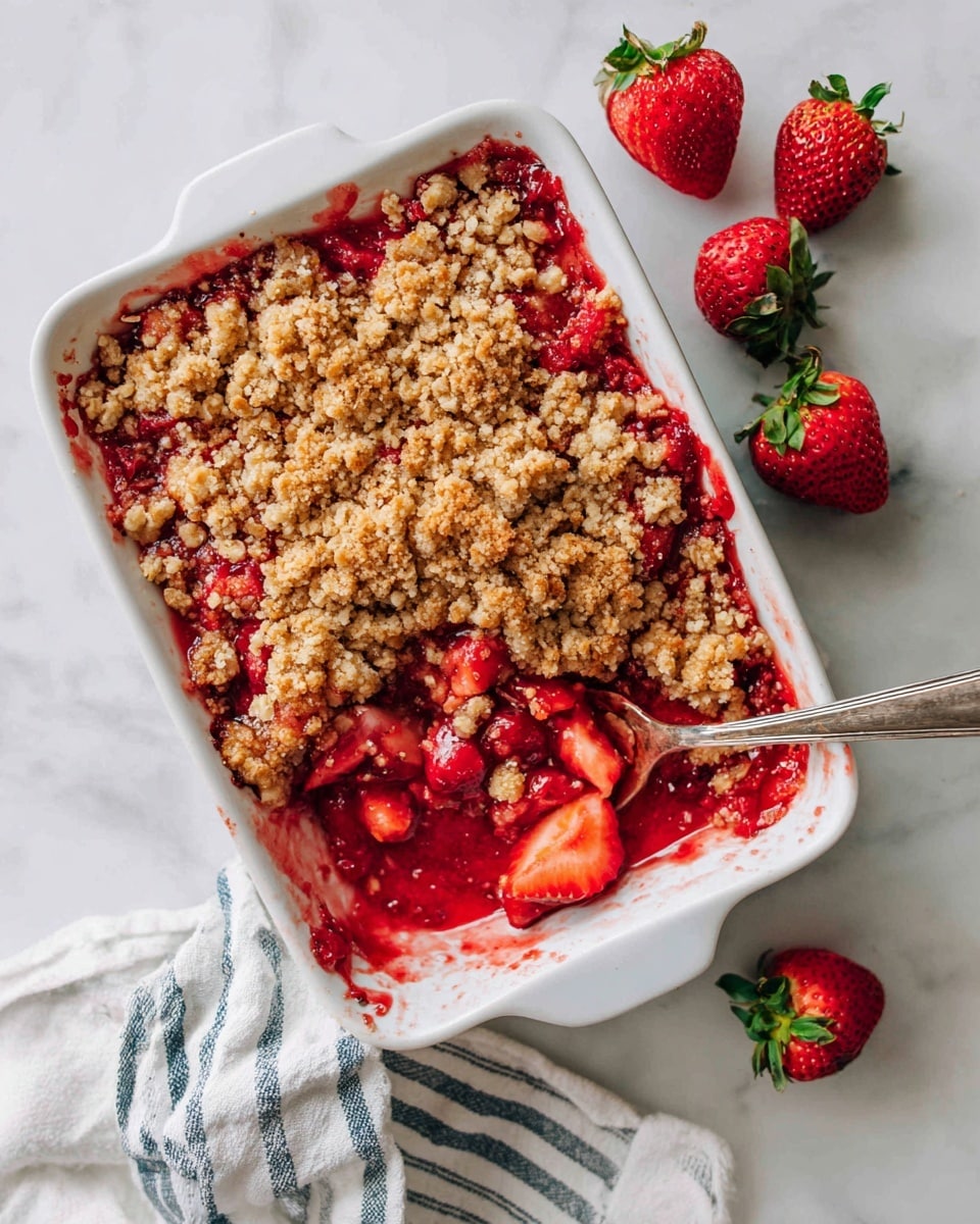 A white square baking dish filled with a strawberry crumble dessert is shown on a white marbled surface. The dish has a thick, rough, and browned top layer made of oats and crumbly bits, with parts of a bright red strawberry filling oozing out slightly around the edges. Fresh halved and whole strawberries are placed around the dish, adding a fresh contrast of red and green. A white cloth with blue stripes is casually placed under the bottom right corner of the dish. photo taken with an iphone --ar 4:5 --v 7