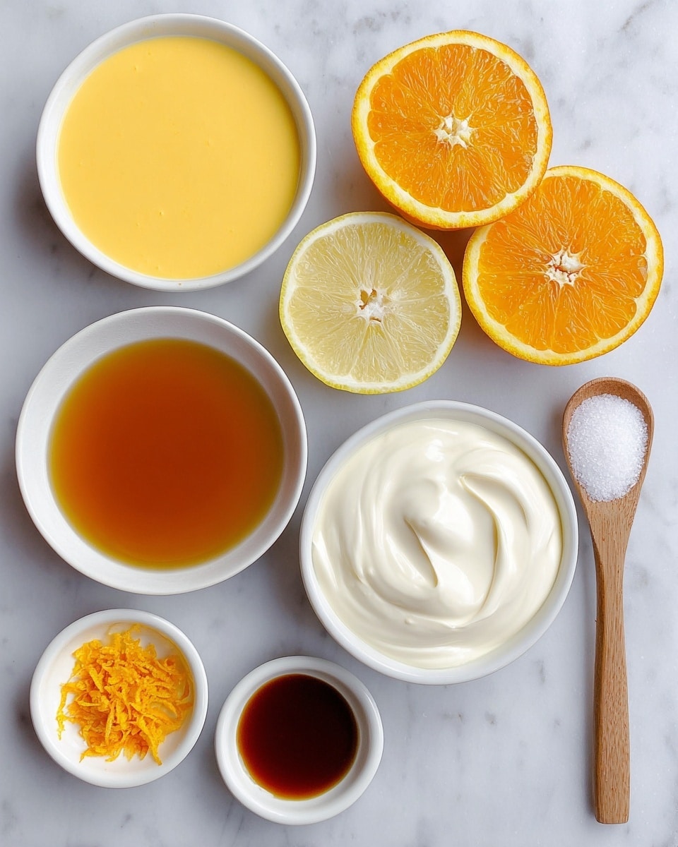 Orange Creamsicle Popsicles Recipe 4 The image shows six white dishes and two halves of citrus fruits on a white marbled surface. In the top left is a round white bowl filled with smooth yellow-orange liquid. To its right, two halves of an orange fruit with bright orange segments are visible. Below the orange halves, two lemon halves with light yellow flesh and white pith sit side by side. Below the yellow liquid bowl is another round white bowl with thick, smooth off-white cream. In the bottom left is a white bowl filled with translucent brown syrup. To the right of the syrup bowl is a smaller white bowl with dark brown liquid. Between the lemon halves and the smaller brown liquid bowl is a small round white dish holding a pile of bright orange zest. A wooden spoon with white granules, likely salt, is placed vertically on the far right side of the image. Photo taken with an iphone --ar 4:5 --v 7
